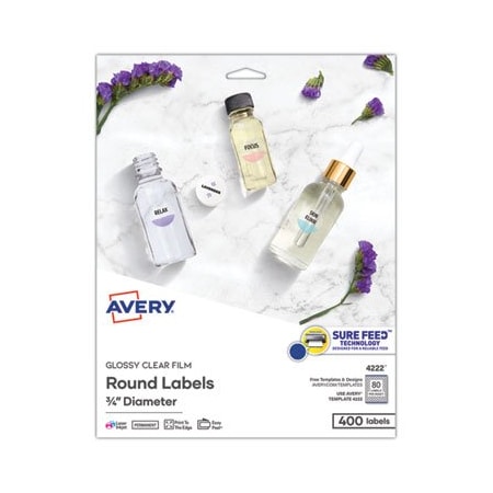 Avery Dennison Avery, PRINTABLE SELF-ADHESIVE PERMANENT ID LABELS W/SURE FEED, 3/4in DIA, CLEAR, 400PK 4222